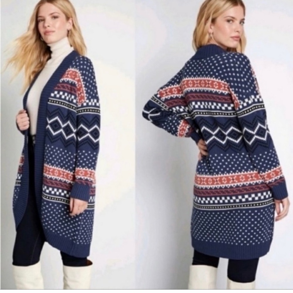 ModCloth blue fair isle long cardigan